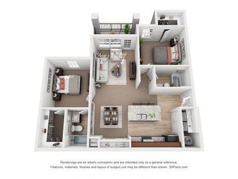 Floor plan for 2 beds, 2 baths, 1002 sqft